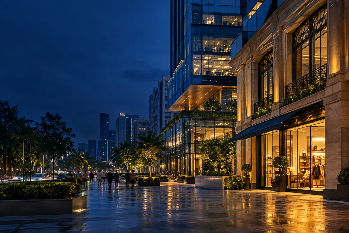 Architectural illustration of an Indian business district at blue hour